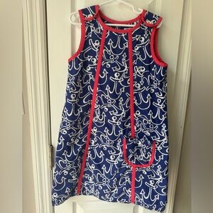 Lilly Pulitzer Girls Navy Anchor Print Dress with Coral Trim
